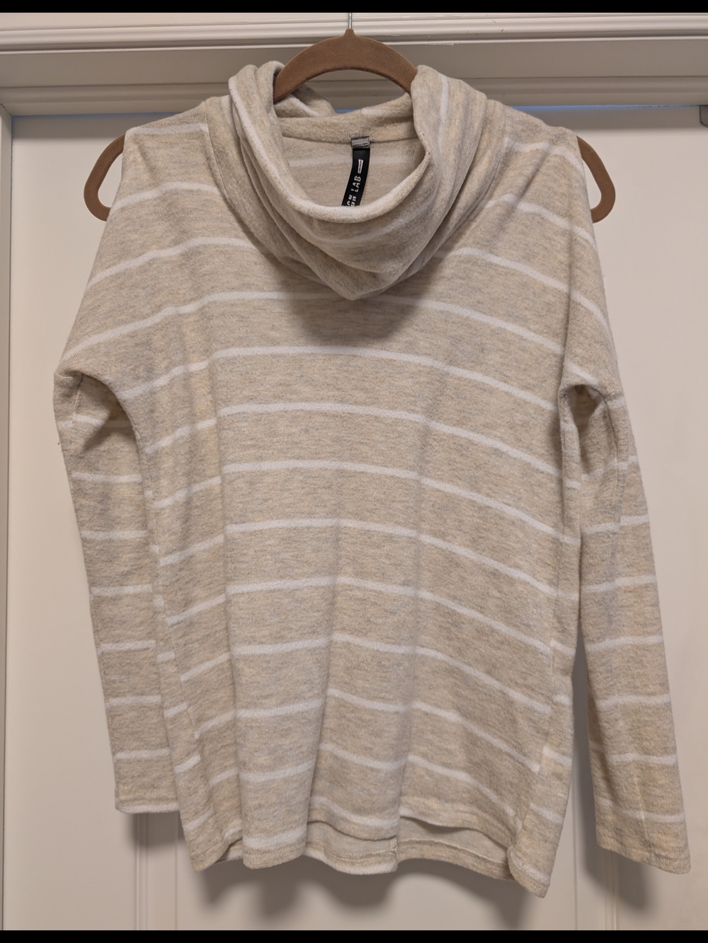 ✨2/$16✨Design Lab Lord & Taylor Beige and White Striped Rayon Cowl Neck Sweater